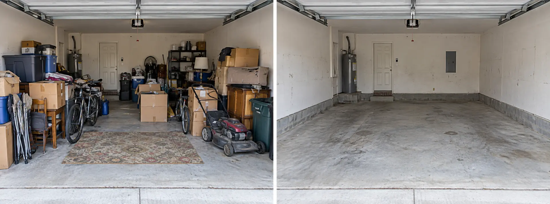 Two-car garage packed with boxes, bikes and a mower before a Garage Reset, then empty and swept after