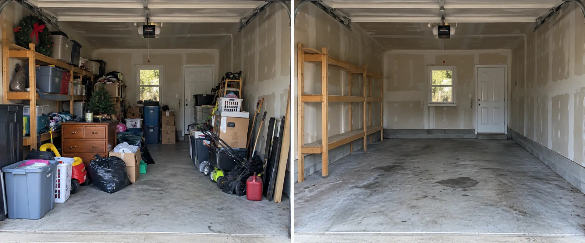 Garage filled with totes, a dresser and yard tools before a Garage Reset, then cleared with shelving swept clean after