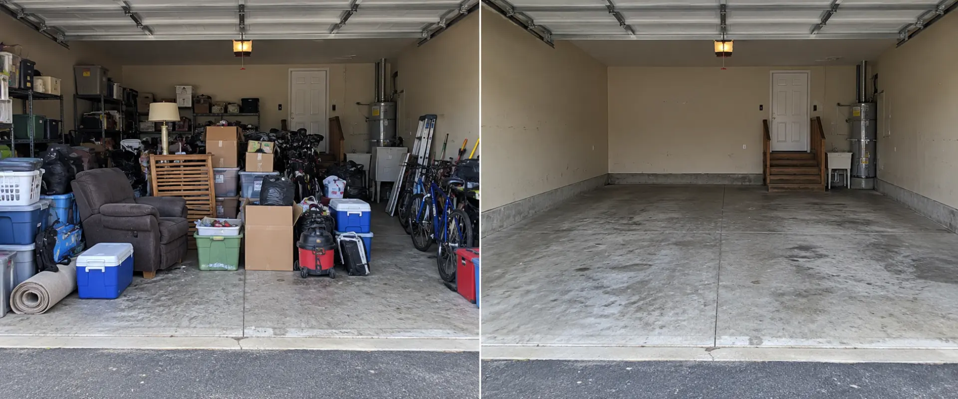 Garage stacked with coolers, a recliner and shelving before a Garage Reset, then completely empty after