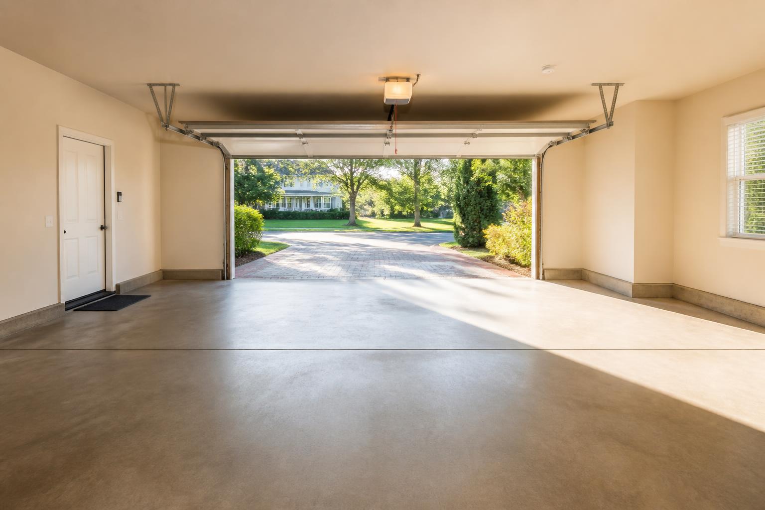 Empty, swept two-car garage with the door open to a sunlit driveway